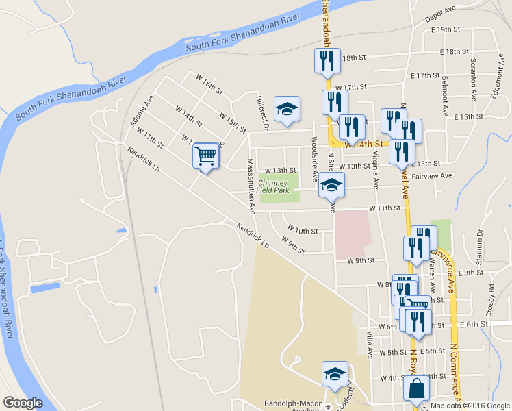 map of restaurants, bars, coffee shops, grocery stores, and more near 1103 Massanutten Avenue in Front Royal