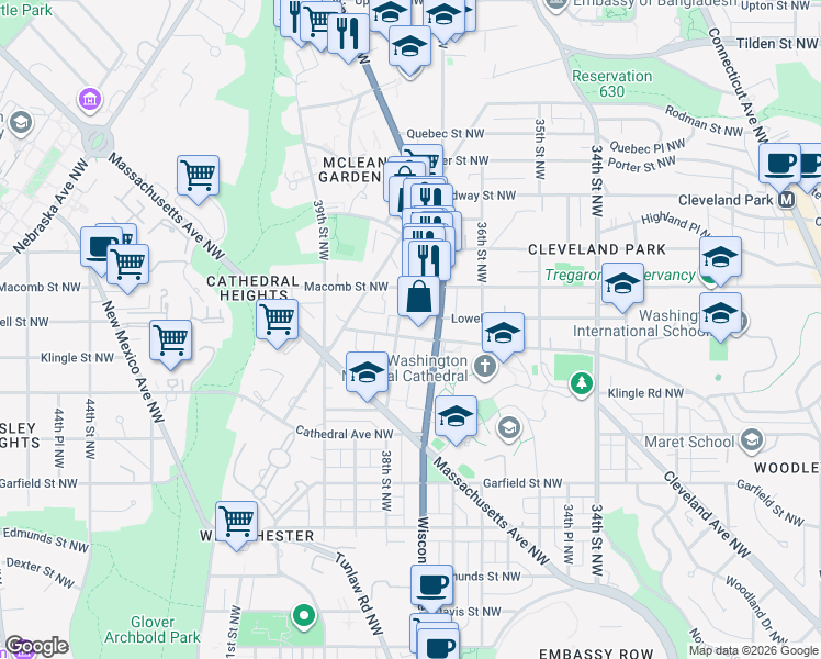map of restaurants, bars, coffee shops, grocery stores, and more near 3715 Woodley Road Northwest in Washington