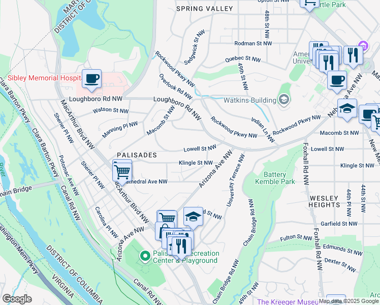 map of restaurants, bars, coffee shops, grocery stores, and more near 5014 Lowell Street Northwest in Washington