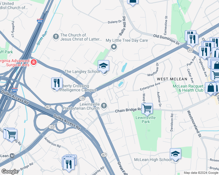 map of restaurants, bars, coffee shops, grocery stores, and more near 1408 Harvest Crossing Drive in McLean