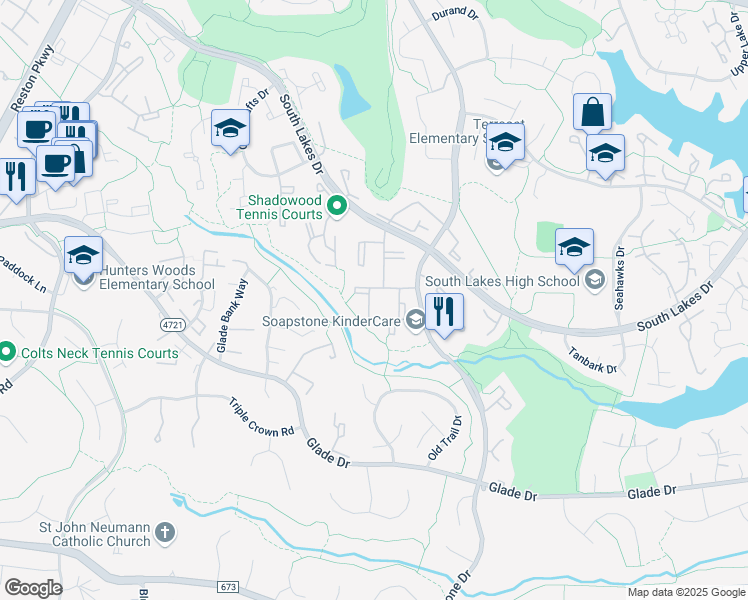 map of restaurants, bars, coffee shops, grocery stores, and more near 11641 Stoneview Square in Reston