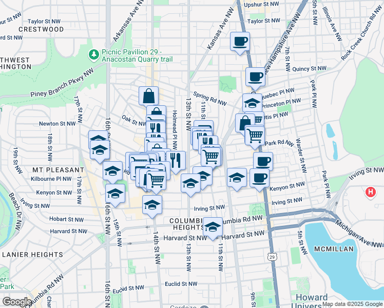 map of restaurants, bars, coffee shops, grocery stores, and more near 3431 13th Street Northwest in Washington