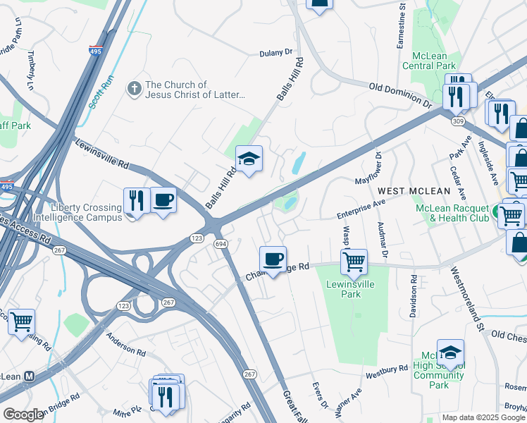 map of restaurants, bars, coffee shops, grocery stores, and more near 1408 Harvest Crossing Drive in McLean