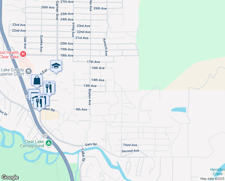 map of restaurants, bars, coffee shops, grocery stores, and more near 16288 12th Avenue in Clearlake