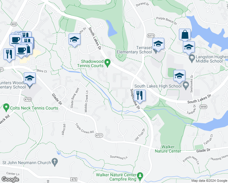 map of restaurants, bars, coffee shops, grocery stores, and more near 11657 Stoneview Square in Reston
