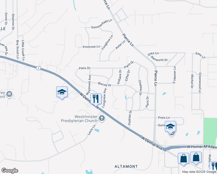 map of restaurants, bars, coffee shops, grocery stores, and more near 1802 Biscay Drive in Godfrey