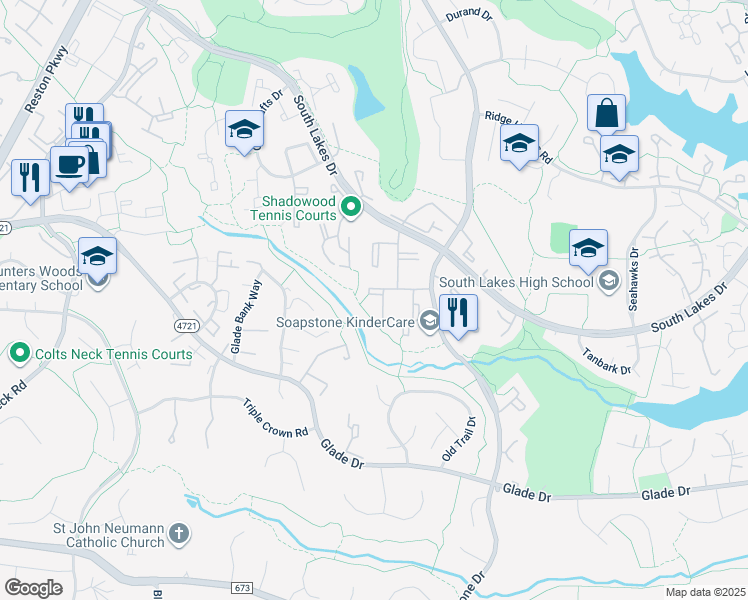 map of restaurants, bars, coffee shops, grocery stores, and more near 11657 Stoneview Square in Reston