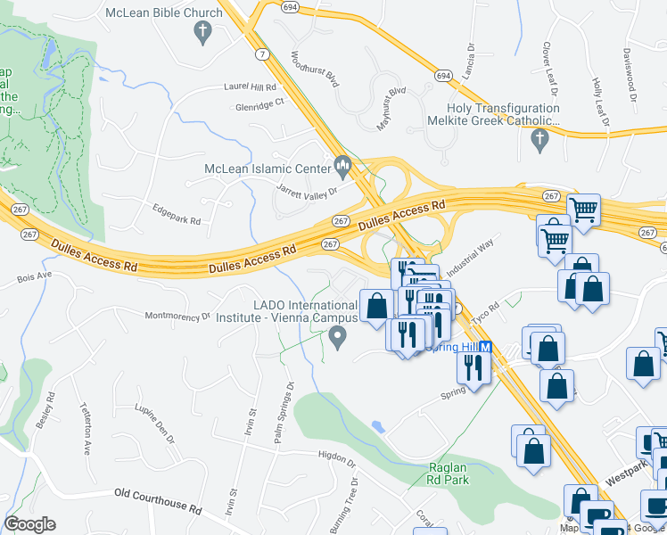 map of restaurants, bars, coffee shops, grocery stores, and more near 8820 Mansion View Court in Vienna