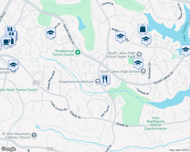 map of restaurants, bars, coffee shops, grocery stores, and more near 11603 Stoneview Square in Reston