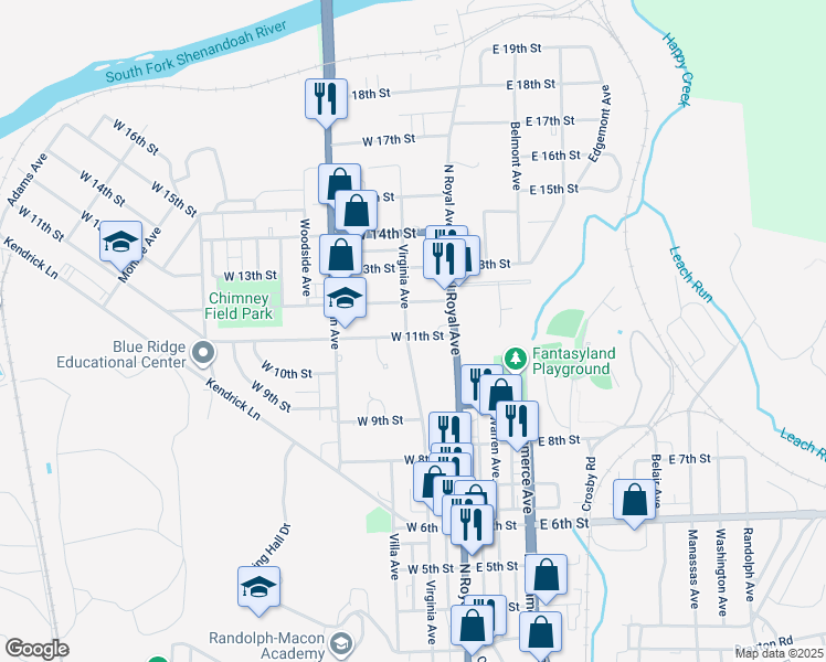 map of restaurants, bars, coffee shops, grocery stores, and more near 1101 Virginia Avenue in Front Royal