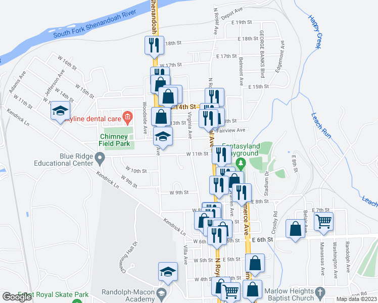 map of restaurants, bars, coffee shops, grocery stores, and more near 1104 Virginia Avenue in Front Royal