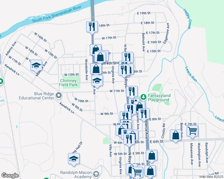 map of restaurants, bars, coffee shops, grocery stores, and more near 1104 Virginia Avenue in Front Royal