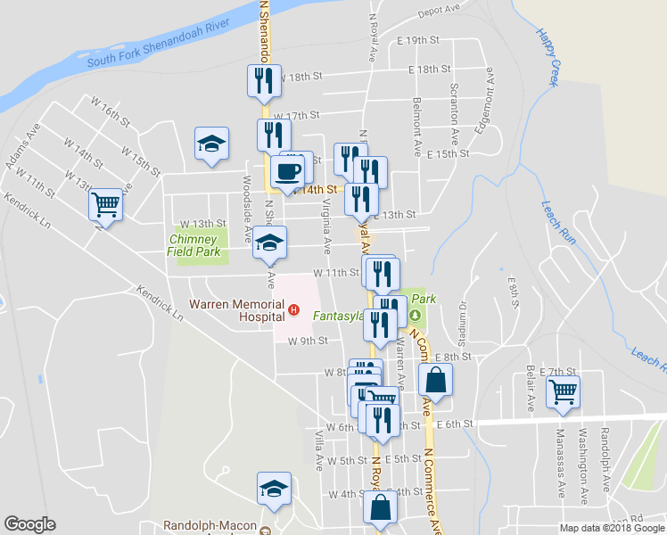 map of restaurants, bars, coffee shops, grocery stores, and more near 1101 Virginia Avenue in Front Royal
