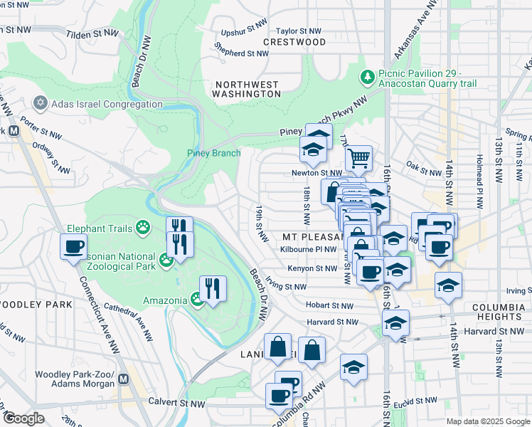 map of restaurants, bars, coffee shops, grocery stores, and more near 1856 Park Road Northwest in Washington