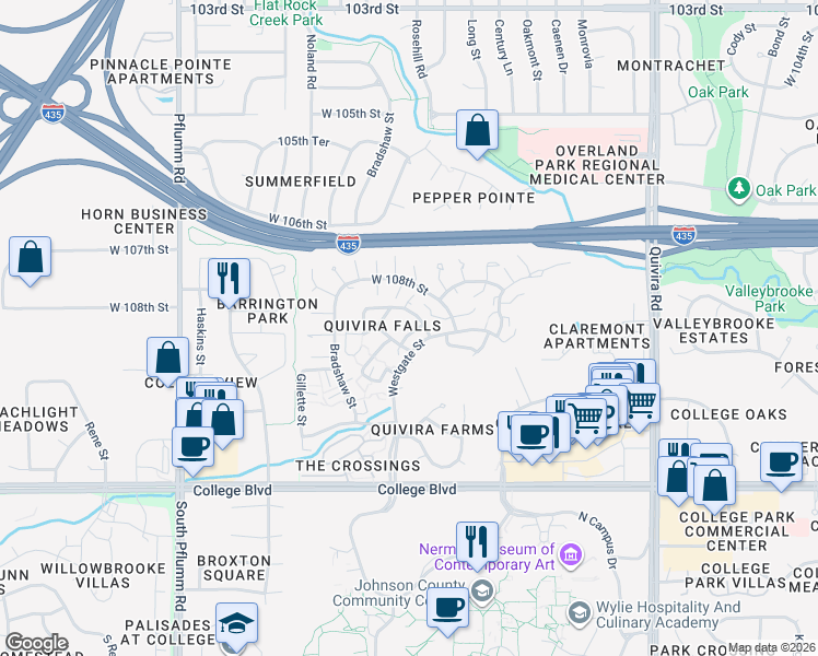 map of restaurants, bars, coffee shops, grocery stores, and more near 12696 West 108th Terrace in Overland Park