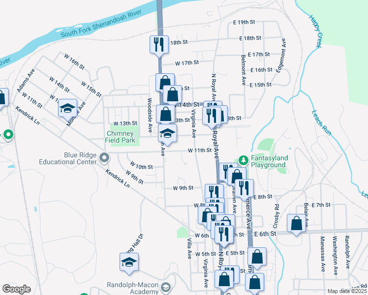 map of restaurants, bars, coffee shops, grocery stores, and more near 119 West 11th Street in Front Royal