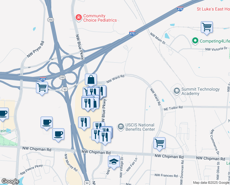 map of restaurants, bars, coffee shops, grocery stores, and more near 777 Northwest Blue Parkway in Lee's Summit