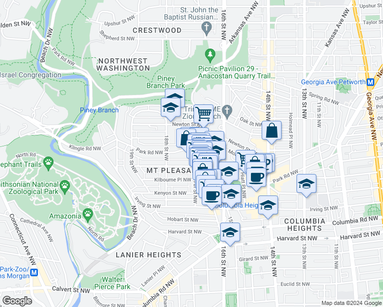 map of restaurants, bars, coffee shops, grocery stores, and more near 3220 17th Street Northwest in Washington