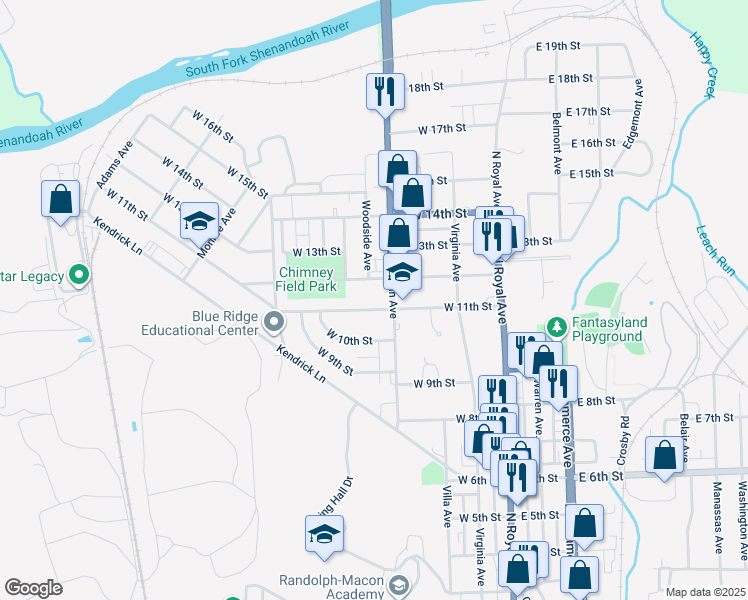 map of restaurants, bars, coffee shops, grocery stores, and more near 315 West 11th Street in Front Royal