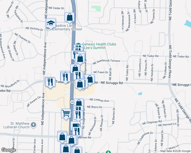 map of restaurants, bars, coffee shops, grocery stores, and more near 1114 Northeast Richardson Place in Lee's Summit