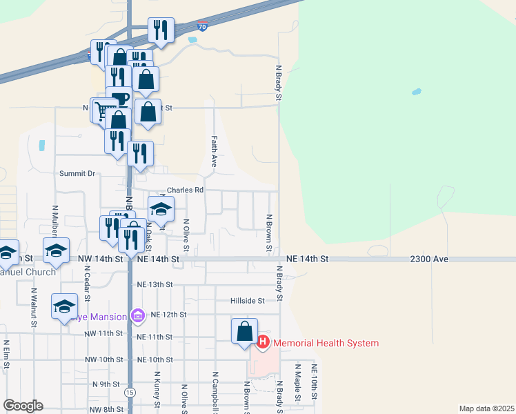 map of restaurants, bars, coffee shops, grocery stores, and more near 1605 North Hickok Drive in Abilene