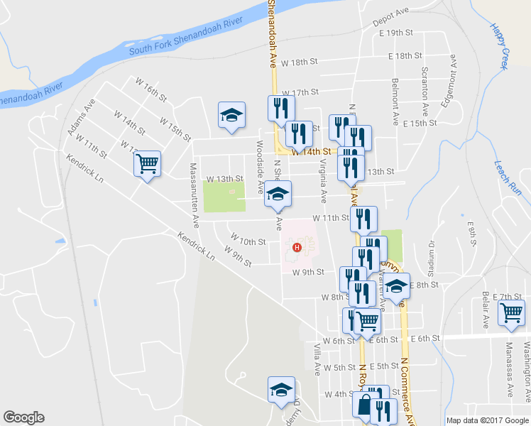 map of restaurants, bars, coffee shops, grocery stores, and more near 315 West 11th Street in Front Royal