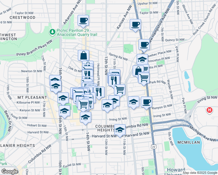 map of restaurants, bars, coffee shops, grocery stores, and more near 1204 Monroe Street Northwest in Washington