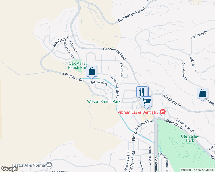 map of restaurants, bars, coffee shops, grocery stores, and more near 2317 Split Rock Drive in Colorado Springs