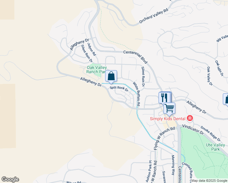 map of restaurants, bars, coffee shops, grocery stores, and more near 2366 Split Rock Drive in Colorado Springs