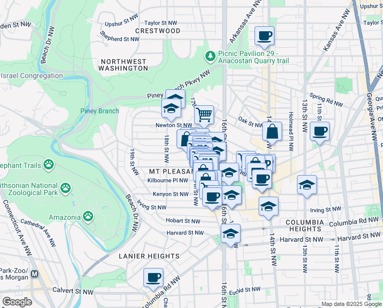 map of restaurants, bars, coffee shops, grocery stores, and more near 3220 17th Street Northwest in Washington