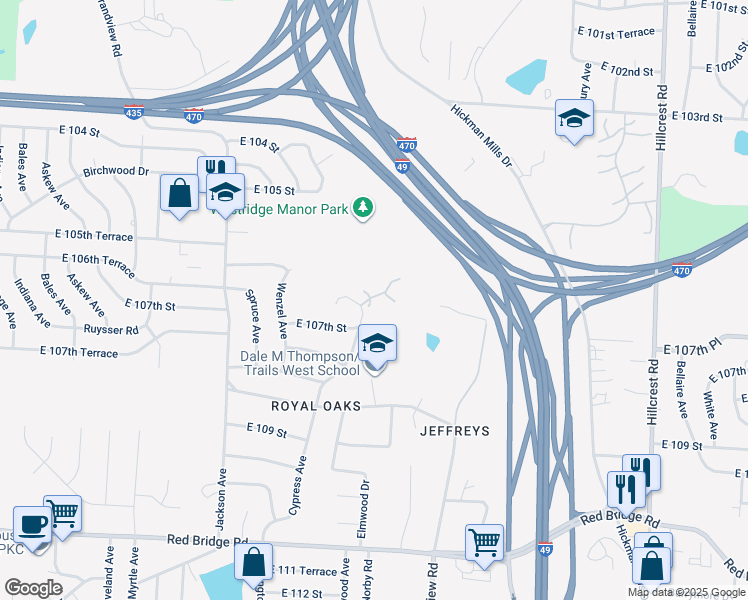 map of restaurants, bars, coffee shops, grocery stores, and more near 10543 Cypress Avenue in Kansas City