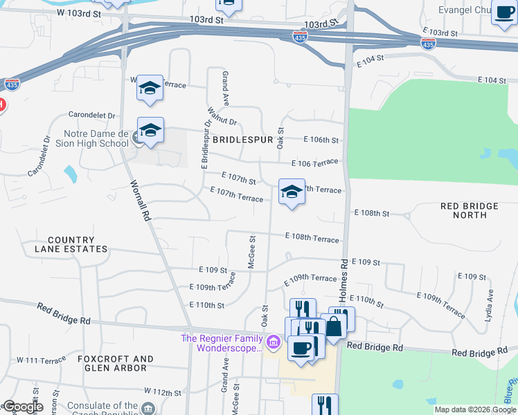 map of restaurants, bars, coffee shops, grocery stores, and more near 301 East 107th Terrace in Kansas City