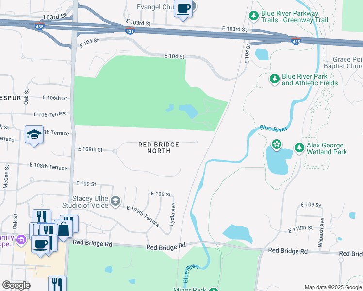 map of restaurants, bars, coffee shops, grocery stores, and more near 1401 East 108th Street in Kansas City