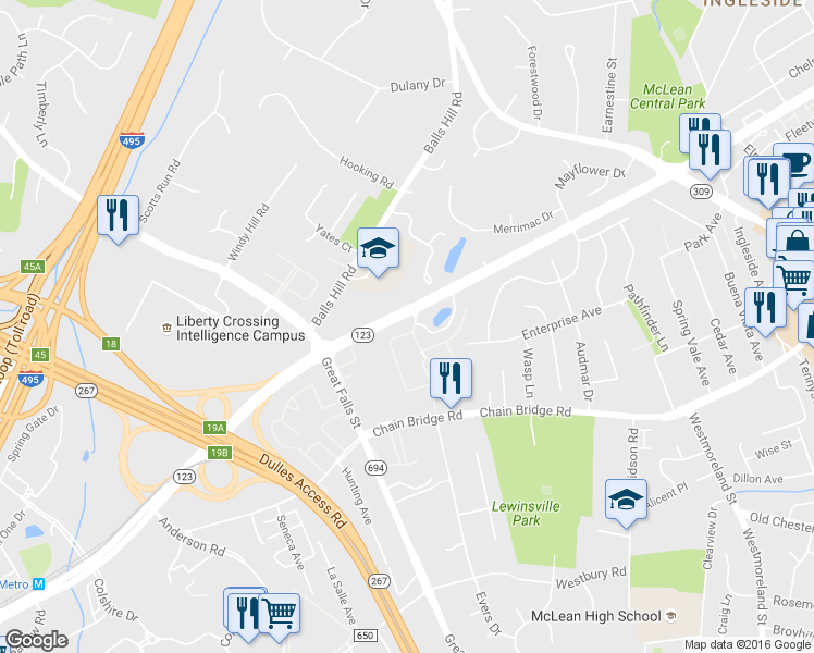 map of restaurants, bars, coffee shops, grocery stores, and more near 1402 Harvest Crossing Drive in McLean