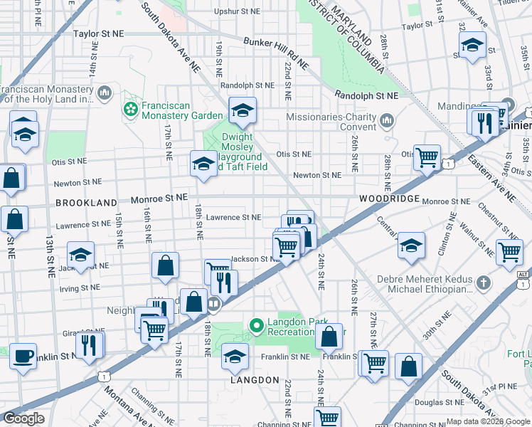 map of restaurants, bars, coffee shops, grocery stores, and more near 2018 Lawrence Street Northeast in Washington
