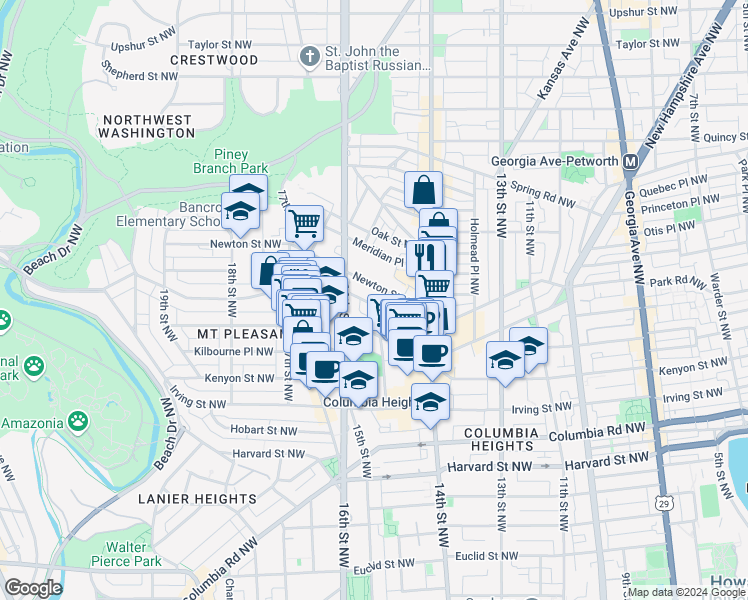 map of restaurants, bars, coffee shops, grocery stores, and more near 1477 Monroe Street Northwest in Washington