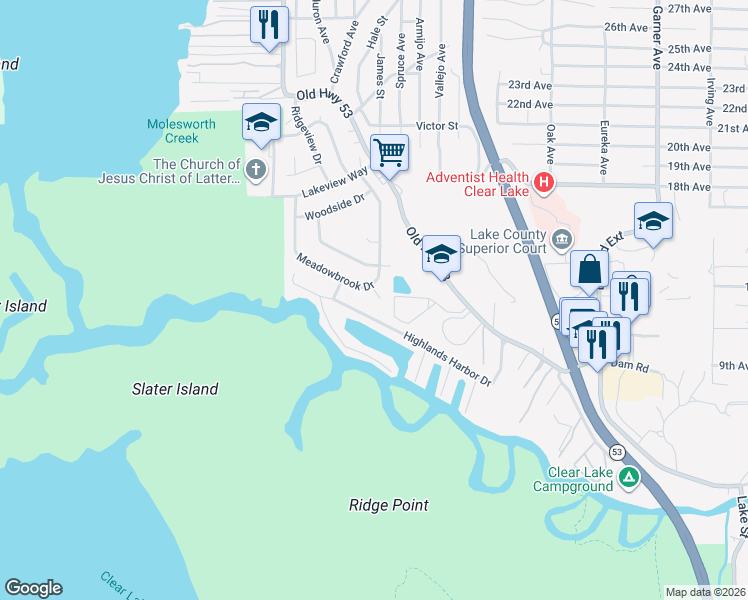 map of restaurants, bars, coffee shops, grocery stores, and more near 6935 Meadowbrook Drive in Clearlake