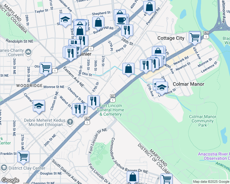 map of restaurants, bars, coffee shops, grocery stores, and more near 3380 Bladensburg Road in Brentwood