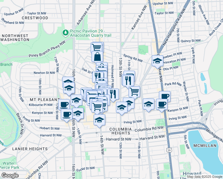 map of restaurants, bars, coffee shops, grocery stores, and more near 1336 Newton Street Northwest in Washington