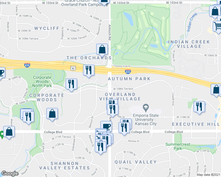 map of restaurants, bars, coffee shops, grocery stores, and more near 12918 West 108th Terrace in Overland Park