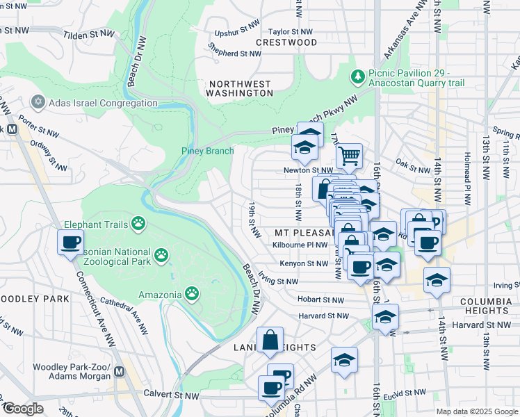 map of restaurants, bars, coffee shops, grocery stores, and more near 1856 Park Road Northwest in Washington