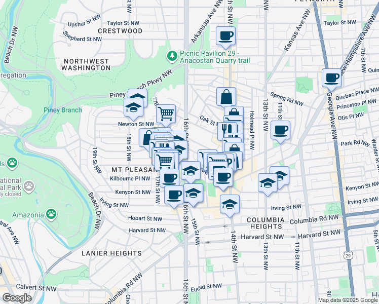 map of restaurants, bars, coffee shops, grocery stores, and more near 3317 16th Street Northwest in Washington