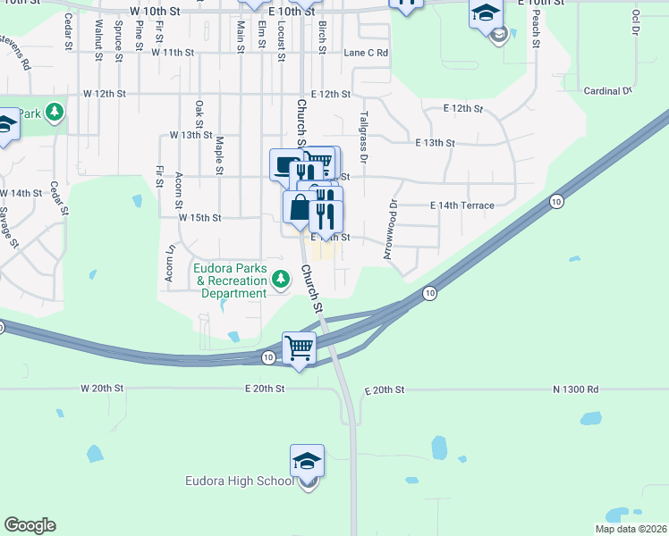map of restaurants, bars, coffee shops, grocery stores, and more near 1516 Greenway Drive in Eudora