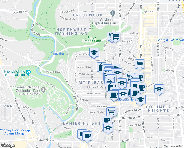 map of restaurants, bars, coffee shops, grocery stores, and more near 18th St NW & Park Rd NW in Washington