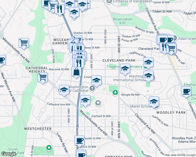 map of restaurants, bars, coffee shops, grocery stores, and more near 3512 Lowell Street Northwest in Washington