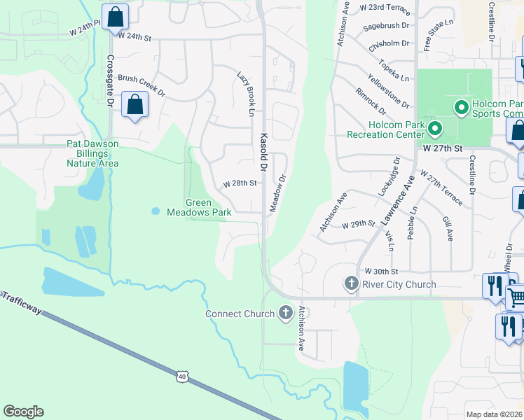 map of restaurants, bars, coffee shops, grocery stores, and more near 2800 Winterbrook Circle in Lawrence