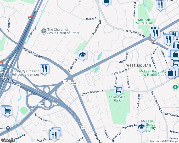 map of restaurants, bars, coffee shops, grocery stores, and more near 1400 Harvest Crossing Drive in McLean