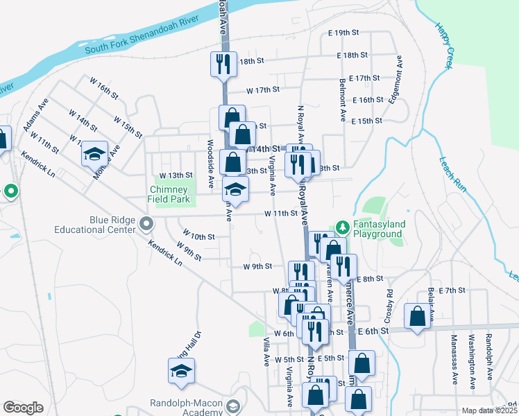 map of restaurants, bars, coffee shops, grocery stores, and more near 119 West 11th Street in Front Royal