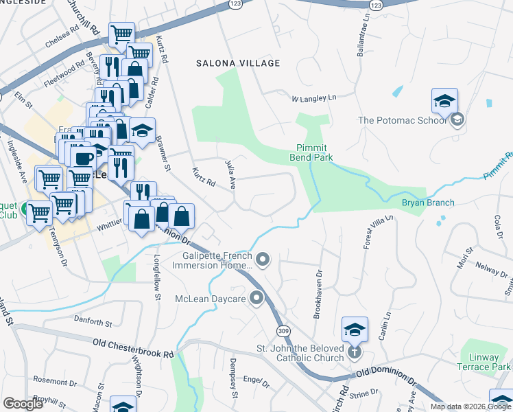 map of restaurants, bars, coffee shops, grocery stores, and more near 6513 Smoot Drive in McLean
