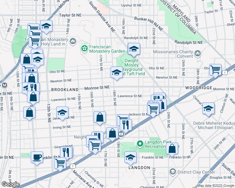 map of restaurants, bars, coffee shops, grocery stores, and more near 1802 Lawrence Street Northeast in Washington